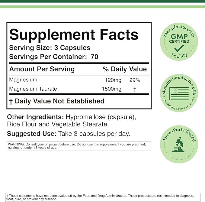 Magnesium Taurate Supplement for Cardiovascular Health to Boost Magnesium Levels (1,500mg per Serving, 210 Vegan Capsules) Non-GMO, Gluten Free, by Double Wood Supplements