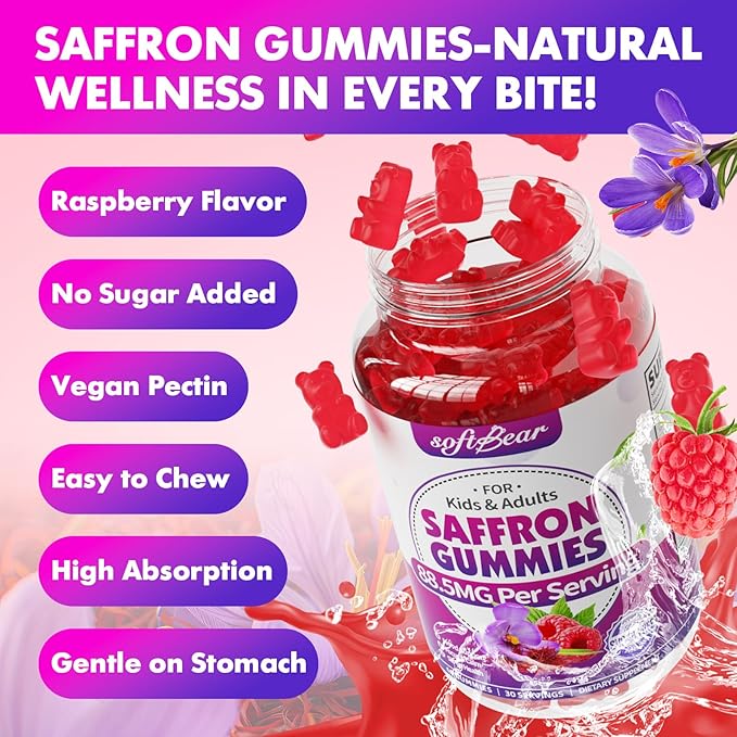 softbear Saffron Gummies for Kids & Adults, 10-in-1 Organic Saffron Supplements with 88.5mg Saffron Extract Support Calm Mind & Focus & Zzz, Sugar Free/Non-GMO, Raspberry Flavor 120 Count