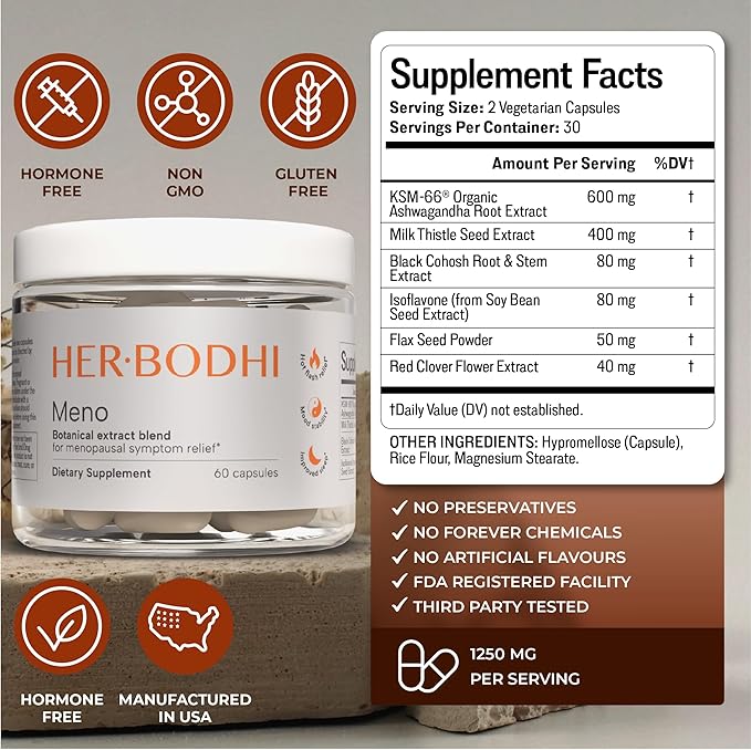 Her Bodhi Meno- Menopause Hormonal Balance for Women, Estrogen Soy Isoflavones Menopause Supplement for Women | with Ashwagandha & Black Cohosh | Hot Flashes Menopause Relief (60 Capsules)