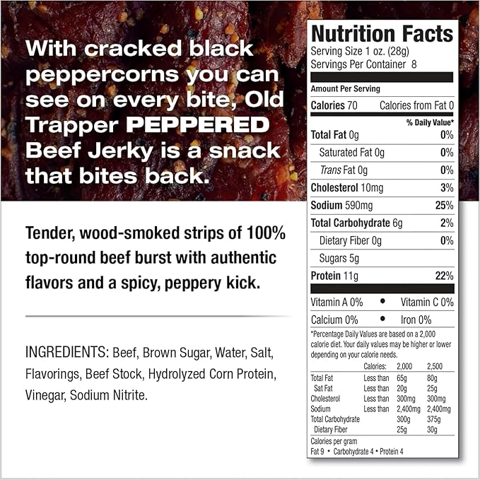 Old Trapper Beef Jerky, Peppered 8 Ounce Pack, Spicy Meat Snacks for Lunches or Between Meals, 11 Grams of Protein, Zero Grams of Fat, and 70 Calories per Serving (Pack of 2)