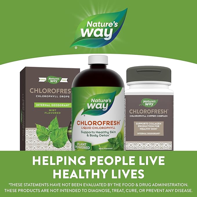Nature’s Way Chlorofresh Liquid Chlorophyll, Chlorophyllin Copper Complex, Internal Deodorant Supplement, Supports Healthy Skin and Detox Pathways*, Mint Flavored, 16 fl oz