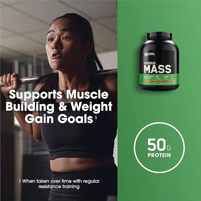 Optimum Nutrition Serious Mass, Weight Gainer Protein Powder, Mass Gainer, Vitamin C and Zinc for Immune Support, Creatine, Chocolate Peanut Butter, 6 Pound (Packaging May Vary)