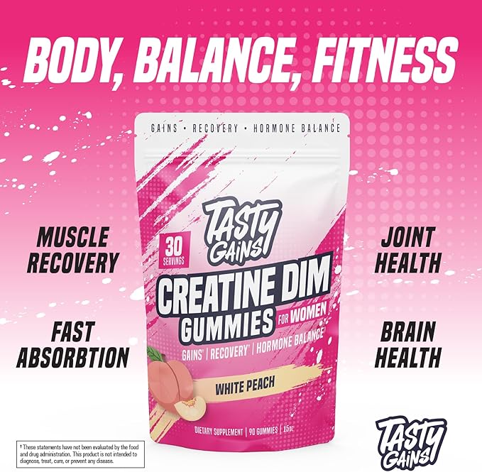 Creatine Gummies for women | 3g Creatine Monohydrate Per Serving | DIM Supplement 100 mg | Estrogen Balance for Women | Hormonal Acne, Hormone Balance, Glute Builder (90 Count, White Peach)