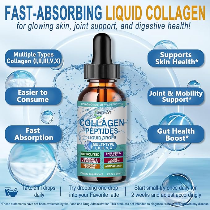 Collagen Peptides Liquid Drops, Multi Collagen Peptide for Skin Hair Nail Joints Bones Gut Health, Hydrolyzed Liquid Collagen Peptides w/Glucosamine Chondroitin MSM Biotin Vitamins for Women and Men