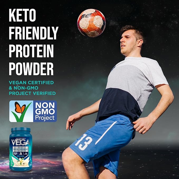Vega Premium Protein + Supergreens - 20g Protein, Creamy Vanilla, 25 Servings, Spinach,Kale, Alfalfa Grass, Broccoli, 0g Added Sugar, Non-GMO, Gluten Free, Dairy Free, 1.68 lbs (Packaging May Vary)