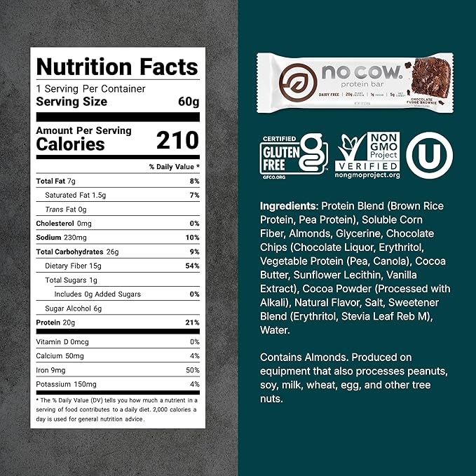 No Cow Vegan Protein Bars, Upgraded Chocolate Fudge Brownie | 20g Plant Based Protein, Gluten Free, Dairy Free, Soy Free, Keto Friendly, Low Sugar, High Fiber Snack Bars | Pack of 12