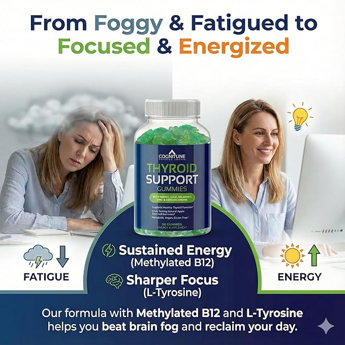 CogniTune Thyroid Support Gummies - Complete Formula for Women and Men with Iodine and Ashwagandha - Natural Energy and Metabolism Support for Hypothyroidism