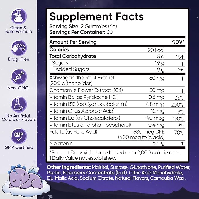 Sleep Gummies for Adults with Melatonin + Chamomile & Ashwagandha | Elderberry + Vitamins C, D3, B6, B12 & Folate | Vegan, Gluten-Free | 60 Gummies (30 Servings)