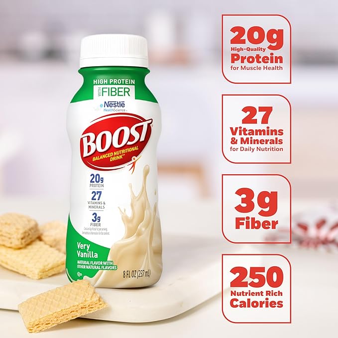 BOOST High Protein with Fiber Ready to Drink Complete Nutritional Drink, Very Vanilla, 8 fl oz Bottle, 24 Pack