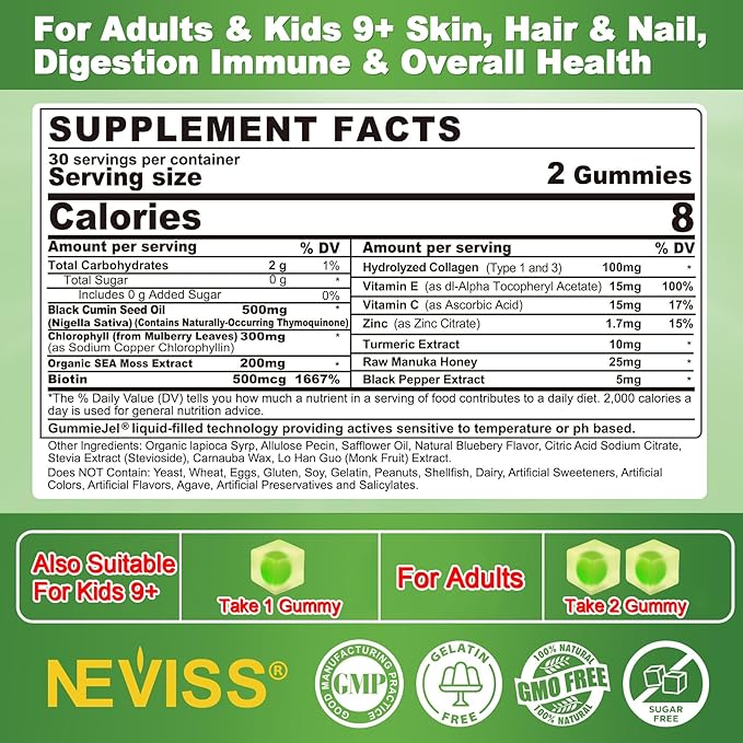 Black Seed Oil Gummies for Adults & Kids 9+, Chlorophyll & Sea Moss Supplement, Biotin with Hydrolyzed Collagen for Skin, Hair & Nails, Vit E, C, Zinc for Immune, Overall Health, Organic Cold Pressed