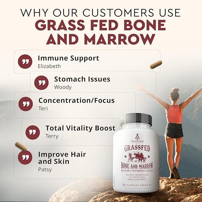 Ancestral Supplements Grass Fed Beef Bone and Marrow Supplement, 3000mg, Skin, Oral Health, and Joint Support Supplement, Promotes Whole-Body Wellness, Non GMO Whole Bone Extract, 180 Capsules