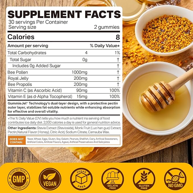 Nextdia Bee Pollen Organic 1000mg, w/Propolis, Royal Jelly, Sugar Free Bee Pollen Gummies Rich in B-Vitamin, Antioxidants, Amino Acids, Bee Pollen Supplement for Energy, Skin & Immune (1 Pack)