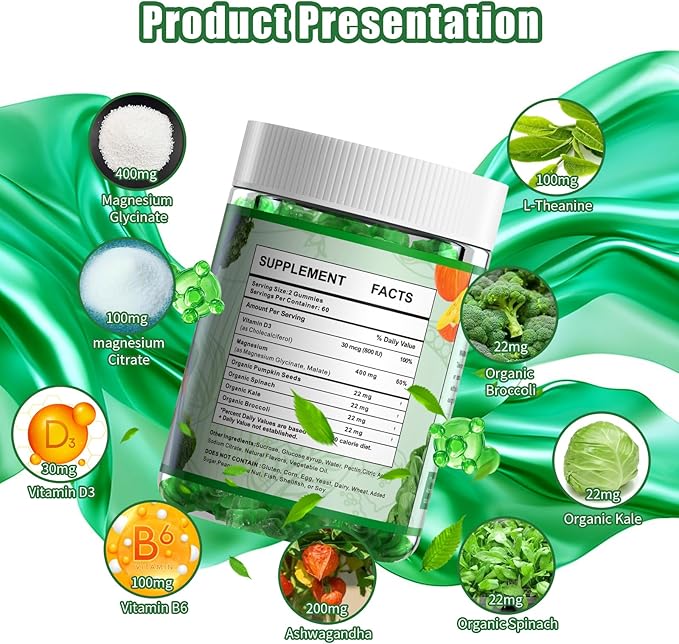 Magnesium Glycinate Gummies 400mg Supplements with Magnesium Malate & Taurate | Vitamin D3 Spinach | Kale | Broccoli