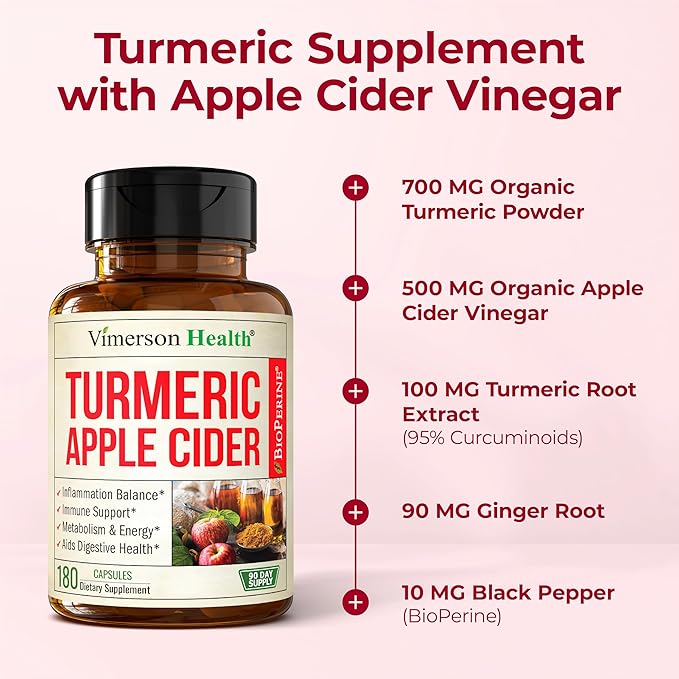 Organic Apple Cider Vinegar with Turmeric Curcumin Supplement & Ginger for Digestive Health, Metabolism, Energy & Joint Support – Organic Turmeric & Apple Cider Vinegar Capsules – 180 Vegan Capsules