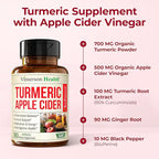 Organic Apple Cider Vinegar with Turmeric Curcumin Supplement & Ginger for Digestive Health, Metabolism, Energy & Joint Support – Organic Turmeric & Apple Cider Vinegar Capsules – 180 Vegan Capsules