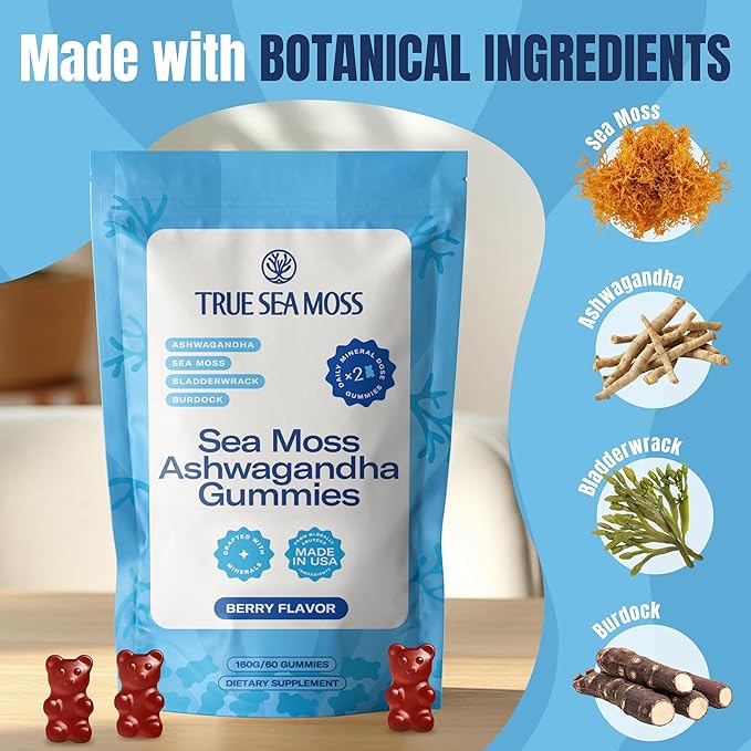 TrueSeaMoss Ashwagandha Gummies for Women & Men – Vegan Formula with Sea Moss, Bladderwrack & Burdock Root – 60 Gummies (Pouch May Vary)