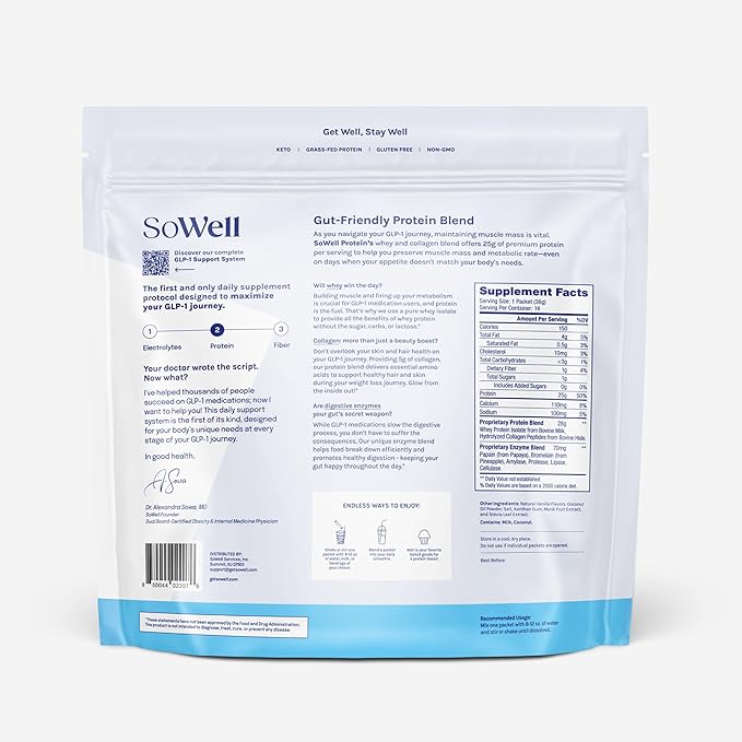 SoWell GLP-1 Protein Vanilla Powder with Whey Collagen and Digestive Enzymes for Muscle Mass, Skin, Hair, Nails and Digestion Support, 14 Stick Packs