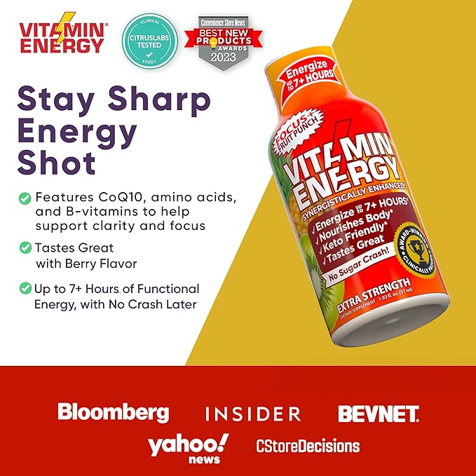 Vitamin Energy Focus+ Extra Strength Energy Shot Fruit Punch 48 Pack, 260mg Natural Caffeine, B-Vitamins, CoQ10, Amino Acids, Focus, Productivity & Clarity, Zero Sugar, Gluten-Free, 1.93 fl oz
