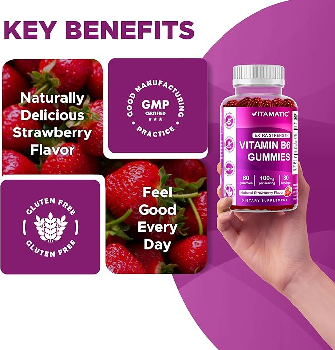 Vitamatic 2 Packs Vitamin B6 100mg Gummies – Natural Strawberry Flavor – 60 Pectin-Based Gummies per Bottle – Nervous System & Energy Support