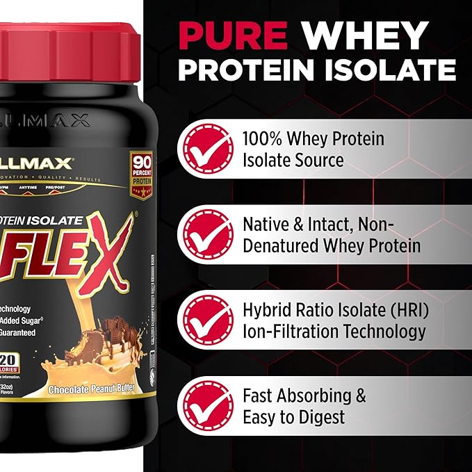 ALLMAX ISOFLEX Pure Whey Isolate Protein Powder - Gluten Free, Low Lactose, Sugar-Free - High-Protein, Clean, Keto-Friendly, Pre Post Workout Supplement, Women and Men | Chocolate Peanut Butter, 2lb