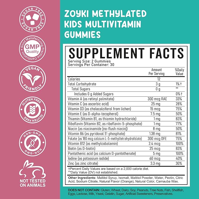 Methylated Multivitamin Gummies for Kids - Children’s MTHFR Support Supplement with B Complex 5-MTHF Folate (L-Methylfolate) B1 B3 B6 B12 Biotin Vitamins A C D3 E - Vegan Gluten-Free Sugar-Free