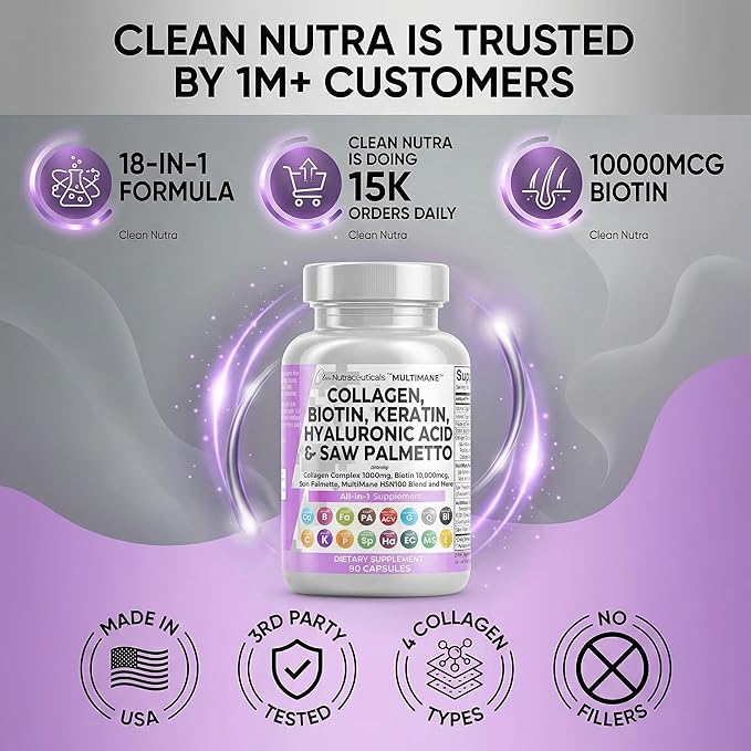 Clean Nutraceuticals Collagen Pills 1000mg Biotin 10000mcg Keratin Saw Palmetto Hyaluronic Acid - Hair Skin & Nails Vitamins & DHT Blocker with Vitamin E Folic Acid Pumpkin Seed MSM - 90 Count