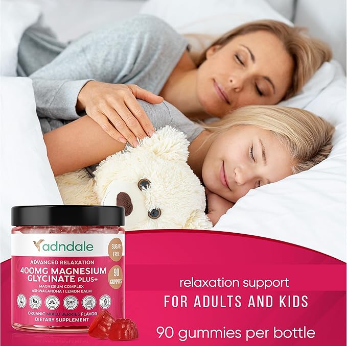 Adndale 90 CT Magnesium Glycinate 400 mg Gummies with Ashwagandha, Magnesium Malate & Taurate, Sugar Free Magnesium Gummies for Adults & Kids.