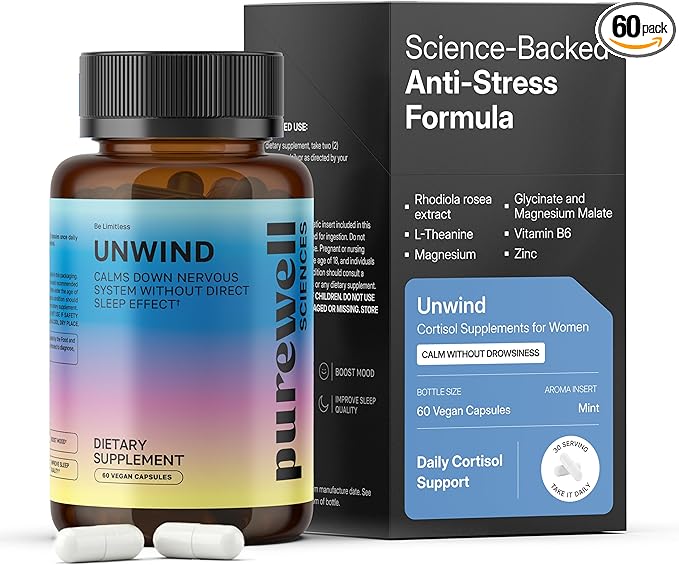 Unwind - Cortisol Supplements for Women - 60 Vegan Capsules - L Theanine Supplement + Magnesium + Rhodiola Rosea Extract + Zinc + Vitamin B6