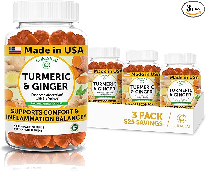 Lunakai USA Made Turmeric and Ginger Supplement Gummies 500mg with Black Pepper – High Absorption Curcumin Turmeric Gummies for Joint Comfort, Daily Immune Support, Non-GMO - 3 Pack