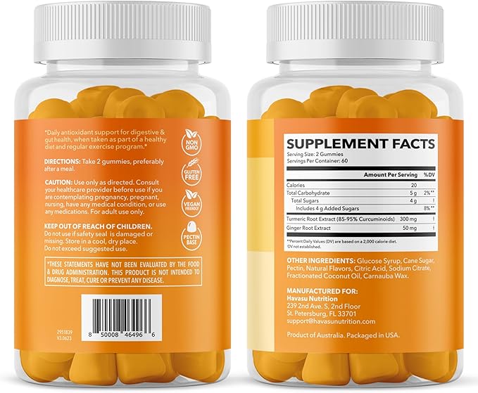 Turmeric Gummies with Ginger Root Extract - Digestive Health and Immune Support Supplement for Overall Wellness - 120 Count - Vegan, Non-GMO Curcumin Vitamin - Peach Flavor, 2 Month Supply