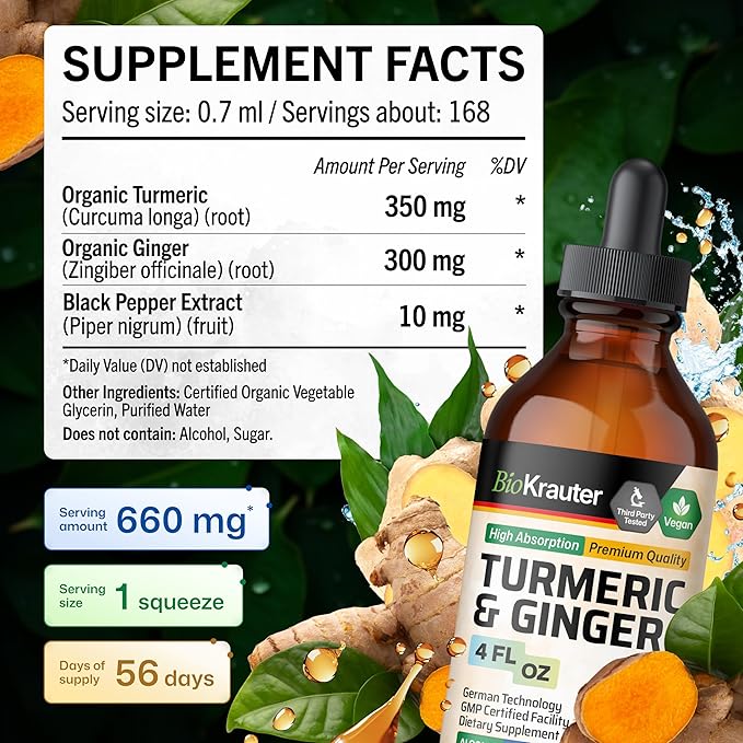 BIO KRAUTER® Turmeric and Ginger Supplement - Pure Vegan Liquid Turmeric & Ginger Tincture with Pepper 4 Fl.Oz 56 Days of Supply - Curcumin Drops for Joint Support, Antioxidant & Immune Support
