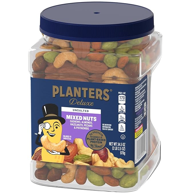 PLANTERS Unsalted Premium Nuts 34.5 oz Resealable Container- Contains Roasted California Pistachios, Cashews, Almonds, Hazelnuts & Pecans - No Artificial Flavors or Colors