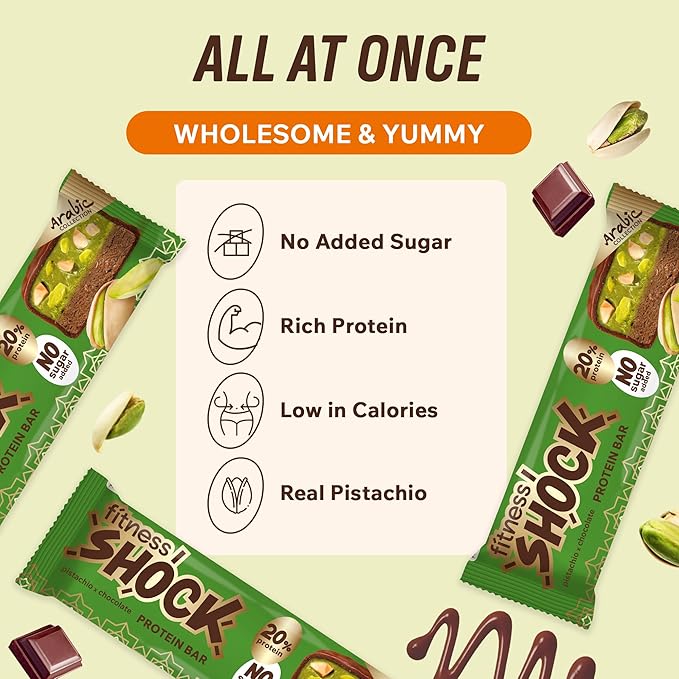 Fitness SHOCK Pistachio Chocolate Protein Bars - No Added Sugar, Low Calorie Low Carb Snack - 10g Protein, 0g Added Sugar, 180 Kcal, 15g Net Carbs, 8g Fat - 12 x 50g