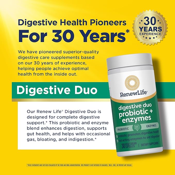 Renew Life Digestive Duo Probiotic and Enzymes Vegetarian Capsules, Probiotic Promotes Digestive Health, Fast-Acting Enzymes Aid Digestion, With Soothing Herbs - 30 Count