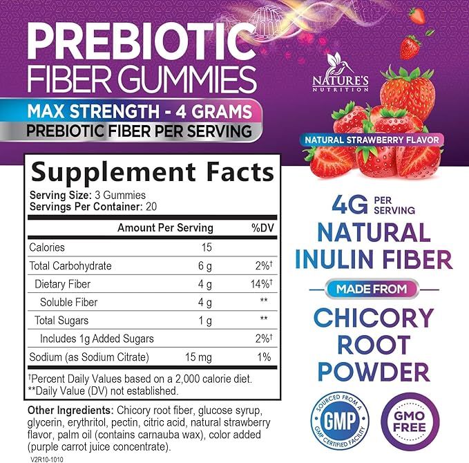 Fiber Gummies For Adults - Daily 3X Strength Soulable Fiber 4g Per Serving Gummy Supplement, Prebiotic Gummy Digestive Health Support - Plant Based Fiber Regularity & Digestion Support - 60 Gummies