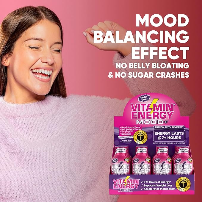 Vitamin Energy Mood+ Extra Strength Energy Shot Tropical Berry 4 Pack, 260mg Natural Caffeine, B-Vitamins, Rhodiola, Chamomile, Mood & Energy Support, Zero Sugar, Gluten-Free, Vegan, 1.93 fl oz