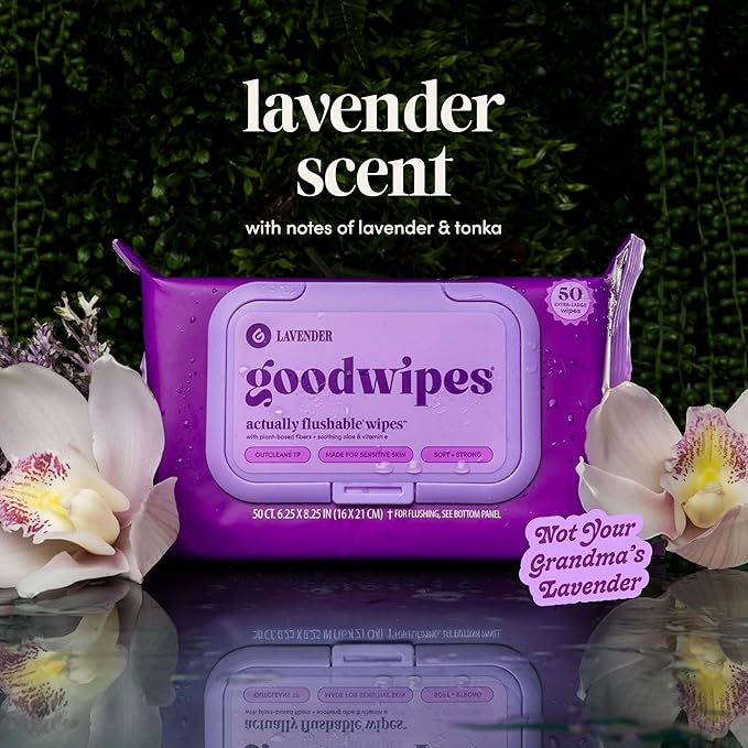 goodwipes Flushable Butt Wipes - Vitamin E & Aloe - Sewer & Septic Safe - Extra Large Adult Wet Wipes For Women & Men - Bathroom Essentials - Lavender, 318 Count (6 Packs + 1 Travel)