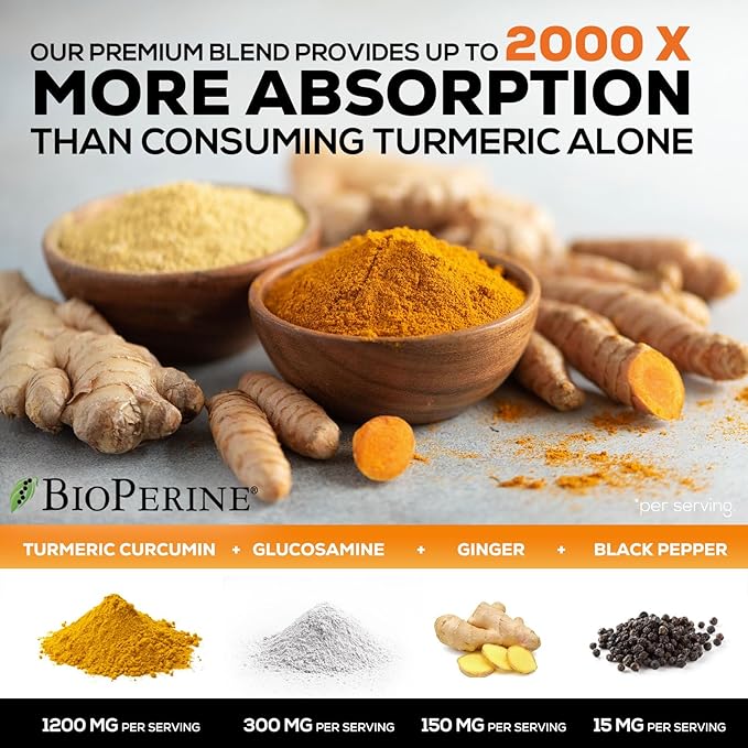Turmeric Curcumin Supplement - 95% Curcuminoids with Glucosamine, Ginger & MSM, BioPerine Black Pepper Extract for Best Absorption, Natural Vegan Joint Support, Non-GMO, Bottled in USA - 180 Capsules