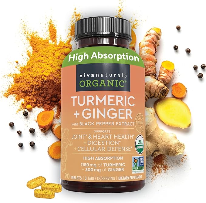 Turmeric and Ginger Supplement with Black Pepper for Better Absorption - Organic Turmeric Curcumin to Support Joint, Heart and Digestive Health, Non-GMO - 120 Tablets