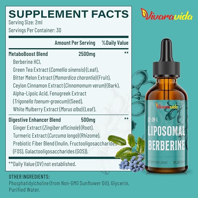 Berberine HCl Drops Supplement - Liposomal Berberine HCl Liquid- 2 fl oz