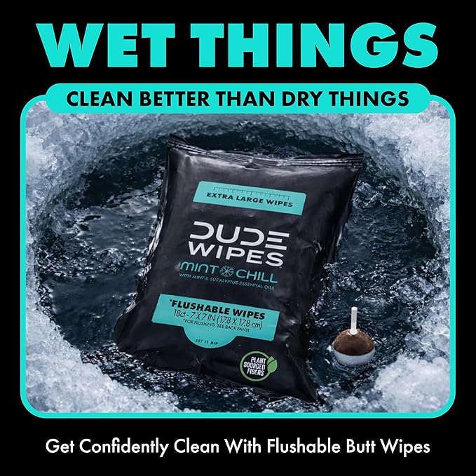 DUDE Wipes Mint Chill Travel Wipes - 6 Packs of 18 (108 Count) - Extra-Large Adult Flushable Wipes - Infused with Tea Tree Oil, Vitamin E, and Aloe - Septic and Sewer Safe