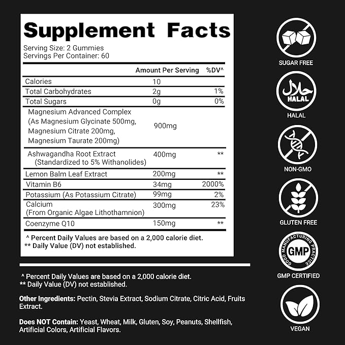 Magnesium Glycinate Gummies for Adults 500mg 120 Sugar Free Gummies Calm and Sleep Support with Ashwagandha Lemon Balm and CoQ10 Magnesium Supplement for Stress and Relaxation