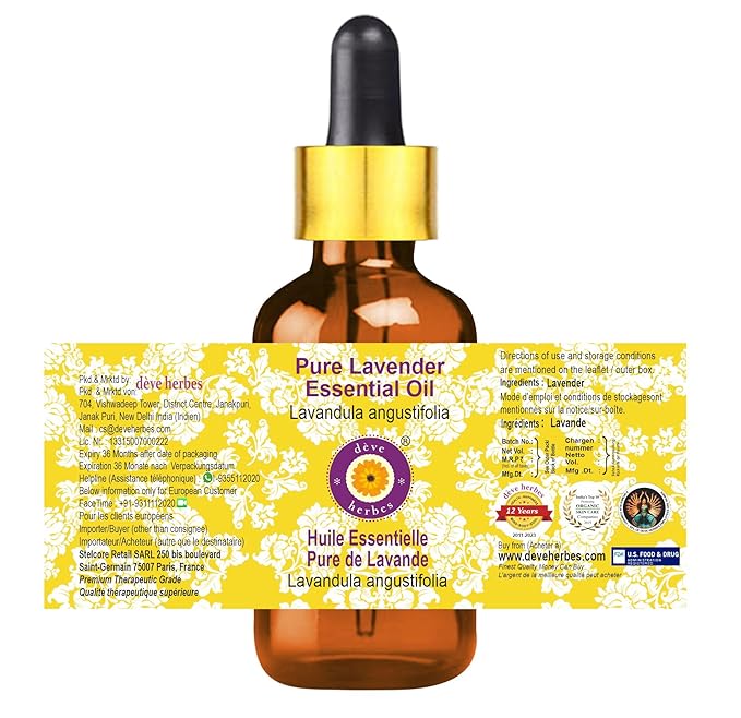 Deve Herbes Pure Lavender Essential Oil (Lavandula angustifolia) with Glass Dropper Steam Distilled 15ml (0.50 oz)