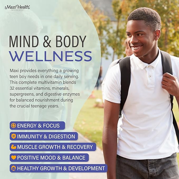 Teen Vitamins for Boys 12-17 - Teen Multivitamin Supreme with D3, Iron, Calcium, Biotin, Digestive Enzymes – Teenager Boy Multi Vitamins for Energy, Brain & Mood Support – 60 Count