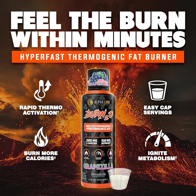 ALPHA LION Burn2O L-Carnitine Liquid 2000mg – Stim Free Super Thermogenic Fat Burner with MitoBurn® & CaloriBurn GP®, Metabolism Booster, Zero Calorie, Sugar-Free (31 Servings, Grapezilla Flavor)