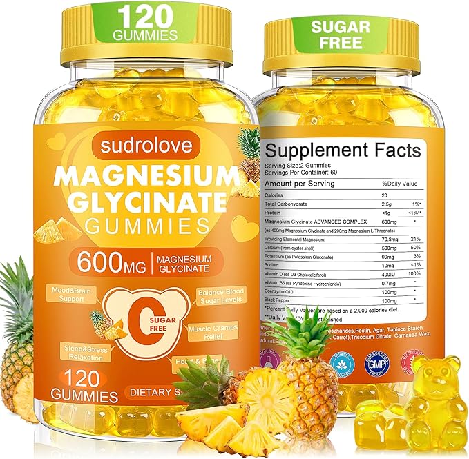 Magnesium Glycinate Gummies 600mg – Sugar Free Magnesium & Potassium Dietary Supplement with Vitamin D, B6 and CoQ10 for Calm Support & Sleep for Adults - High Absorption -Pineapple Gummies