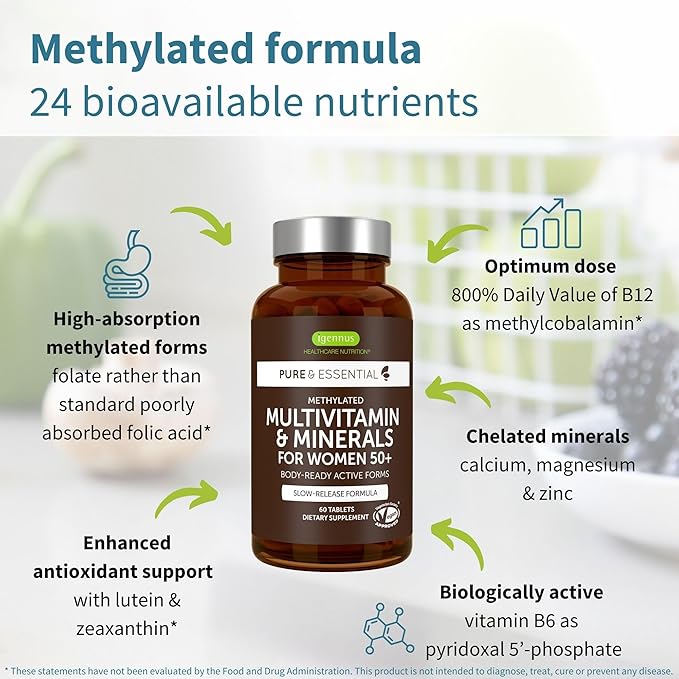 Igennus Methylated Multivitamin for Women 50+, Calcium & Magnesium for Bone Support, Sustained Release & Active B-Vitamins, Iron-Free Formula, Antioxidant Support, Clean Label, 60 Tablets