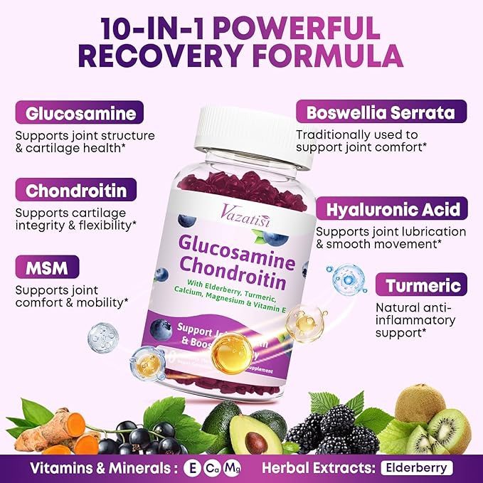 2 Pack Glucosamine Chondroitin Gummies - Glucosamine Chondroitin with MSM, Elderberry, Turmeric, Joint Support Supplement for Adults, Men & Women - Blueberry Flavor, 120 Cts