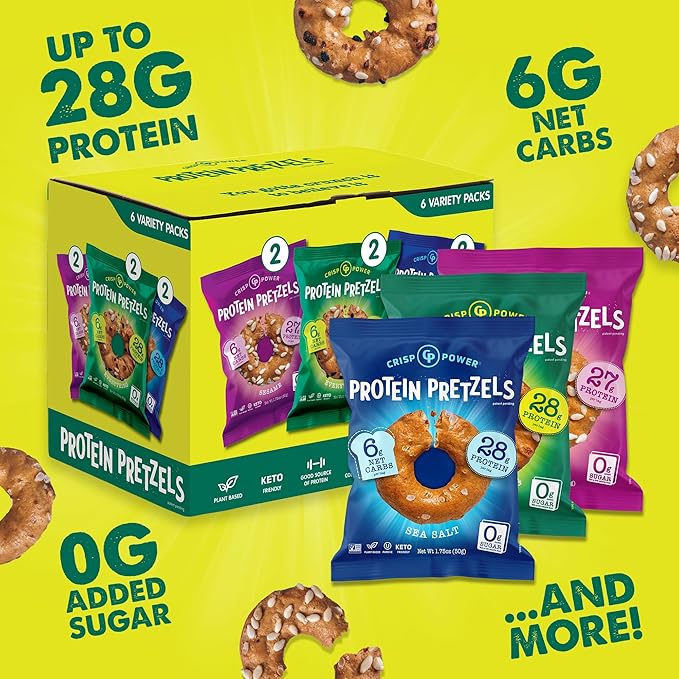 CRISP POWER Protein Pretzels, Variety Pack With Sea Salt, Sesame, & Everything, Up To 28G Protein, High Protein Snack, High Fiber, Low Carb Crunchy Pretzel Snacks, No Added Sugar, 1.75 oz Bags, 24 Pack, Vegan, Keto