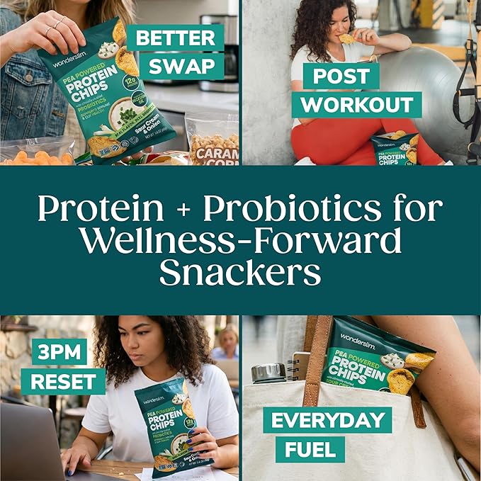 Wonderslim Protein Chips with Probiotics, Sour Cream & Onion | 12g Plant Protein, 170 Cal | High Protein Chips, Vegan, Gluten Free, Non-GMO | Made with Avocado Oil, No Seed Oils | 12 Pack